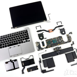 MacBook internal components including display, battery, logic board, fans and connectors
